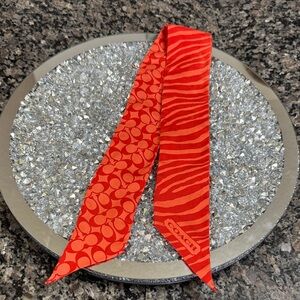 Coach Red-Orange Signature & Zebra Slim Silk twilly Scarf Tie